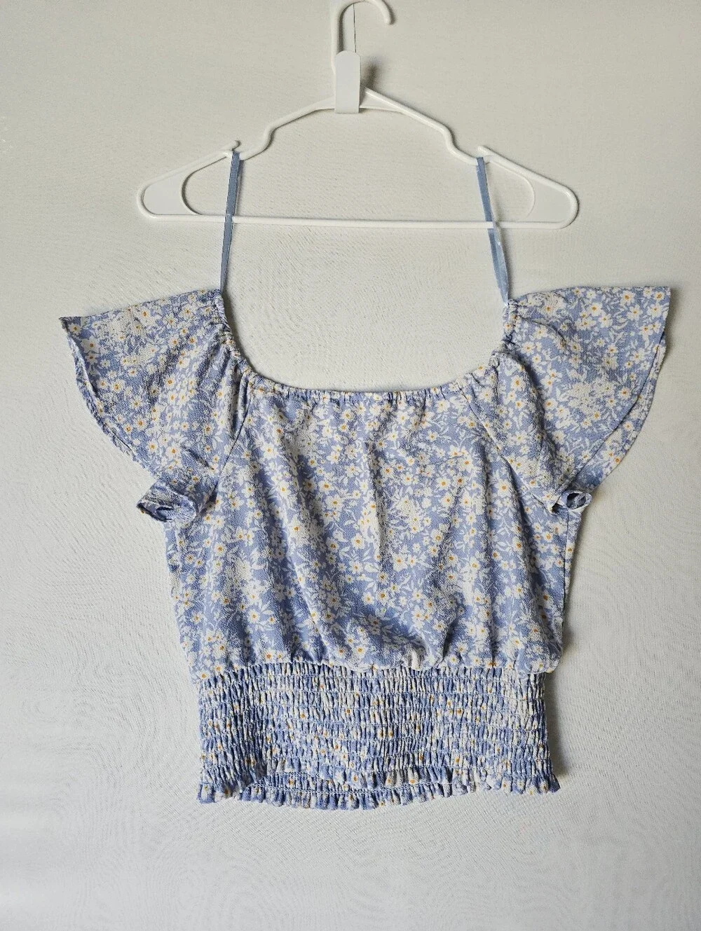 Monteau Blue Floral Smocked Crop Top Off The Shoulder XL